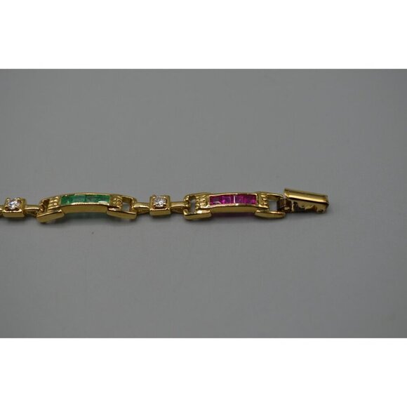 Gemstone Rectangle Link Bracelet Sterling Silver 925 7.5" Pink Green Gold Tone - Picture 5 of 12